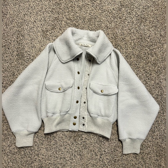 Free People Shasta Snap Up Fleece Bomber in Morning Fog Grey - Picture 4 of 8